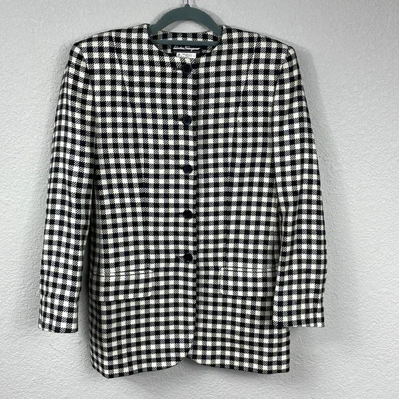 Salvatore Ferragamo Black White Checkered Plaid Blazer Mini Dress Jacket Sz 4